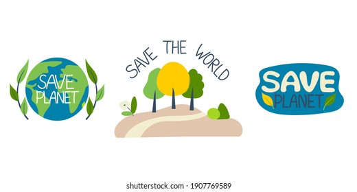Collection of environmental illustrations with slogans-zero waste, waste recycling, ecology, save the planet, save the world. Set of decorative design elements on a Flat style, vector illustration.