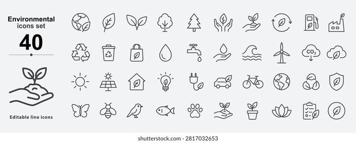 Collection Of Environmental Line Icons Featuring Leaves Trees Weather And Wildlife Elements ecology environment sustainability conservation