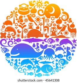 Collection of environmental signs and symbols on a background of colorful globe