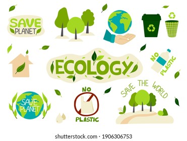 A Collection Of Environmental Stickers With The Words-zero Waste, Ecology, Save The Planet, Eco, Recycling, No Plastic. A Set Of Decorative Design Elements. Flat Vector Illustration.