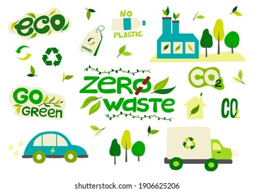 A collection of environmental stickers with the words-zero waste, ecology, save the planet, eco, recycling, no plastic. A set of decorative design elements. Flat vector illustration.