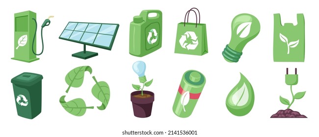 Collection of environmental stickers with the words-zero waste, ecology, save the planet, eco, recycling, no plastic. A set of decorative design elements. Vector illustration.