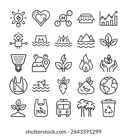 A collection of environmental and sustainability icons are displayed in a minimalist line art style, set against a clean, white background.