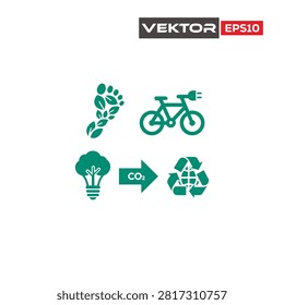Collection of environmental sustainability icons including footprint, electric bike, light bulb, CO2 reduction arrow, and recycling symbol.