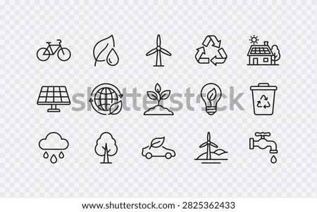 Collection of environmental and sustainability line icons featuring renewable energy, recycling, nature, and ecofriendly transportation symbols