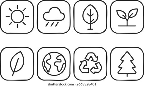 Uma Coleção De Ilustrações De Ícones Com Foco Ambiental, Mostrando Elementos Como Natureza, Sol, Chuva, Terra, Símbolo De Reciclagem E Árvore, Perfeitos Para Conceitos De Design E Sustentabilidade.