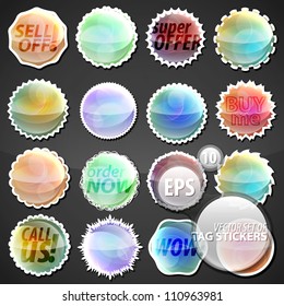 Collection of eps10 round vector stickers in 16 different shape variations textured as colorful glossy glass bubbles