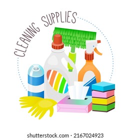 Collection Of Equipment For Housework. Cleaning Supplies And Sanitary Goods For Household. Logo For Cleaning Company. Isolated Vector Illustration