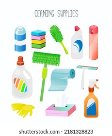 Collection Of Equipment For Housework. Cleaning Supplies And Sanitary Goods For Household. Logo For Cleaning Company. Isolated Vector Illustration