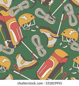 Collection of equipment for trekking, hand drawn seamless pattern. Colorful background vector. Illustration with hiking icons set. Decorative wallpaper, good for printing