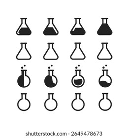 Uma coleção de ícones de laboratório de frasco de Erlenmeyer e frasco químico adequados para aplicações educacionais, científicas ou químicas