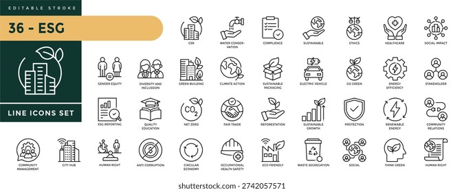 A collection of ESG icons set with editable stroke, including  net zero, circular economy, environmental, social, diversity, carbon footprint, governance. Thin linear vector illustration.