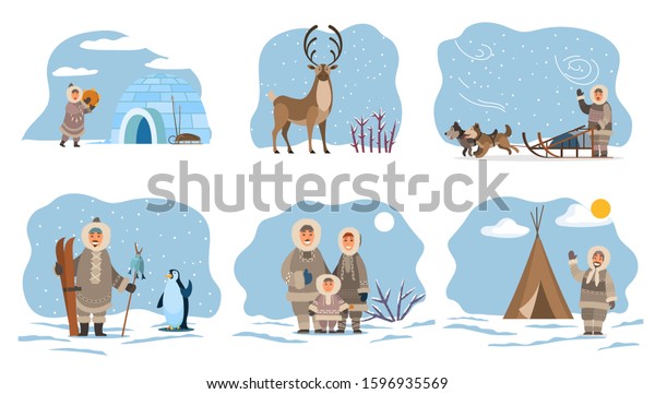 Collection of eskimos people by home made of ice.\
Igloo and inuit, male character with fish on stick and penguin.\
Deer with long horns, animal of north. Man with dogs on sleds,\
vector in flat