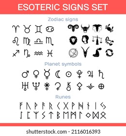 collection of esoteric signs, zodiac and astronomical icons, alchemical symbols of the planets, scandinavian runes, set of black simple symbols on a white background