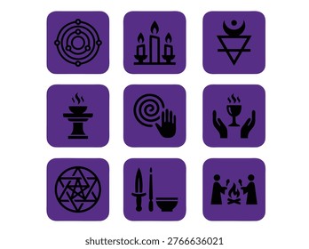 A collection of esoteric symbols and ritualistic objects on a purple background.