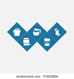 Collection Of Espresso, Teapot, Cask And Other Elements.  Set Of 5 Drinks Icons Set. 