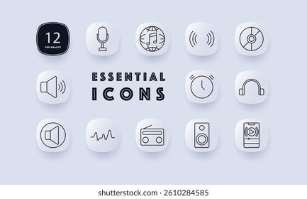 Collection of essential audio-related vector icons featuring a microphone, headphones, speaker, and others. Designed for multimedia projects, apps, and user interfaces. Clean and minimal design