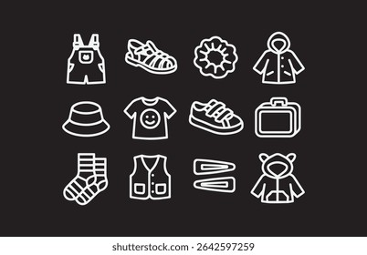 A collection of essential baby clothing icons showcasing a complete and trendy wardrobe on a black background