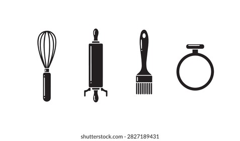 Collection of essential baking utensils featuring a whisk, rolling pin, pastry brush, and timer for cooking and baking preparation.
