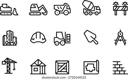 Collection of essential black line art icons representing heavy machinery tools and urban construction elements including vehicles safety gear and architectural drawing symbols perfect for design related to infrastructure and real estate projects.