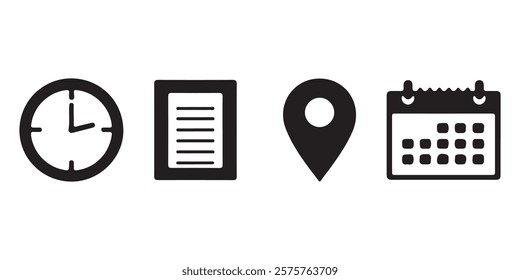 Collection of Essential Business Icons for Time, Location, and Planning Concepts. vector illustration

