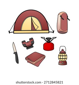Una colección de equipo de camping esencial que incluye una tienda de campaña, estufa, linterna, cuchillo y saco de dormir.