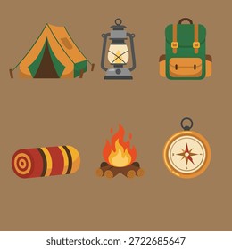 Una colección de equipo de camping esencial que incluye una tienda de campaña, linterna, mochila, saco de dormir, fogata y brújula.