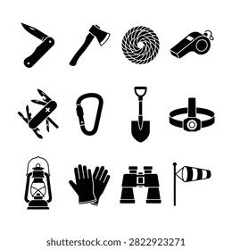 A collection of essential camping and survival icons featuring tools like axes, knives, shovels, lanterns, and binoculars for outdoor adventure, hiking, or trekking.