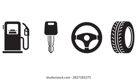 Collection of essential car accessories including fuel pump, key, steering wheel, and tire for vehicle maintenance and driving convenience.