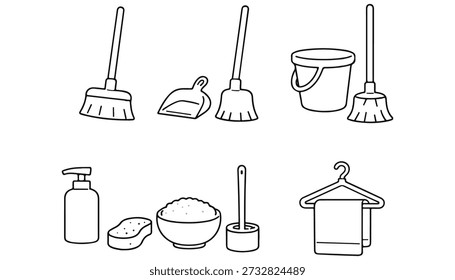 A collection of essential cleaning items depicted in a simple black and white outline style, featuring brooms, a dustpan, a bucket, soap, a sponge, a toilet brush, and a towel on a hanger.