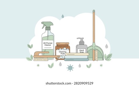 Collection of essential cleaning supplies including bottles brushes and towels arranged to represent hygiene and sanitation routine.