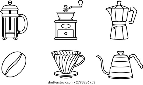 A collection of essential coffee brewing equipment in a clean outline style