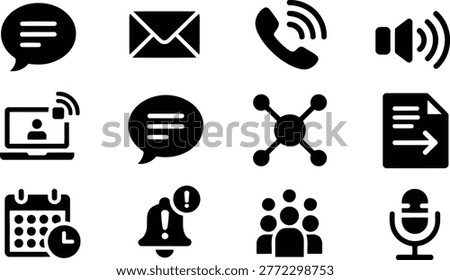 Collection of essential communication icons including email speech bubbles phone signal calendar meeting bell and network connectivity