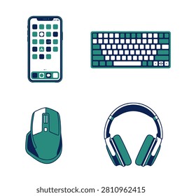Collection of essential computer and mobile accessories featuring a phone keyboard mouse and headset