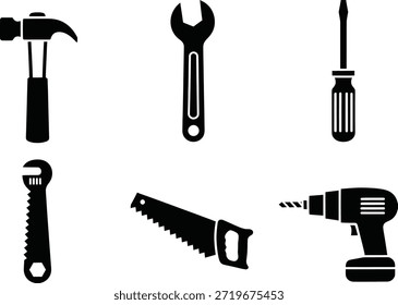 Una colección de herramientas esenciales de construcción y reparación representadas como íconos de silueta negra