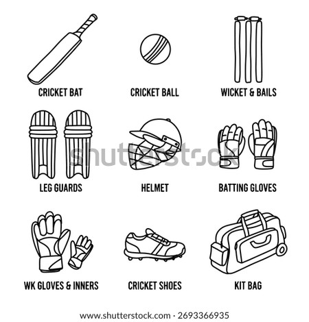 A collection of essential cricket gear, including a bat, ball, wicket, leg guards, helmet, batting gloves, wicket-keeping gloves, shoes, and a kit bag, all in a clean, outlined style.