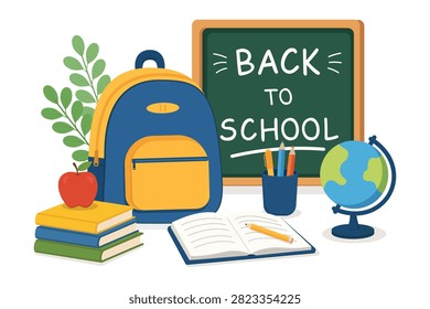 Collection of essential educational items including a backpack, books, pencils, and a globe are displayed for the start of the academic year