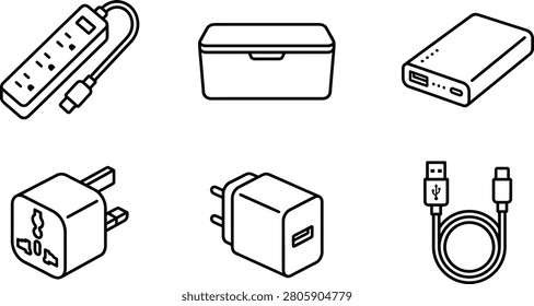 A collection of essential electronic accessories for charging and powering devices
