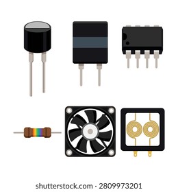 A collection of essential electronic components including a resistor, cooling fan, and integrated circuits. Perfect for engineering, electronics, and tech projects.