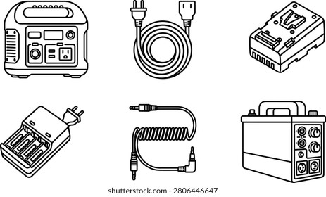 A collection of essential electronic power and charging devices including portable generators cables and battery chargers