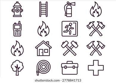 Collection Of Essential Fire Safety And Emergency Response Icons In Black Line Art Style With Flat Design Aesthetic For Branding Visuals