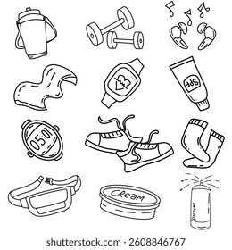 A collection of essential fitness gear including shoes, watch, headphones, and other accessories for a perfect workout session.