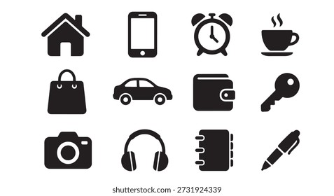 Uma coleção de ícones de design plano essenciais que representam objetos do dia a dia como uma casa, telefone, carro e xícara de café, perfeito para web e aplicativos.