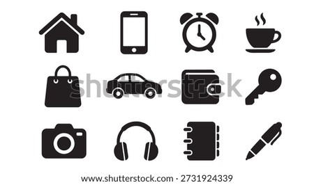 A collection of essential flat design icons representing everyday objects like a house, phone, car, and coffee cup, perfect for web and apps.
