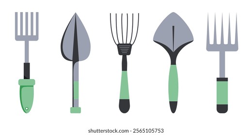 Collection of essential gardening tools arranged neatly on a white background