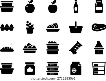A collection of essential grocery store items and shopping concept icons in simple black silhouettes.