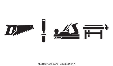 Collection of essential hand tools including saw, screwdriver, chisel, plane, and workbench for carpentry, woodworking, and DIY tasks.