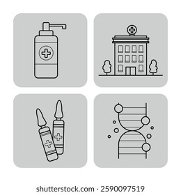 Collection of essential health icons including medicine bottle, hospital building, syringes, and DNA strand