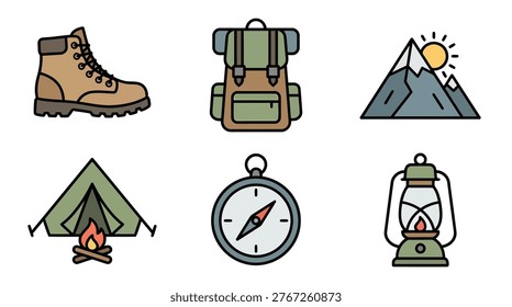 Collection of essential hiking gear including boot backpack tent compass lantern