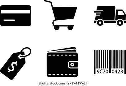 A collection of essential icons representing modern shopping and payment methods for various commercial activities